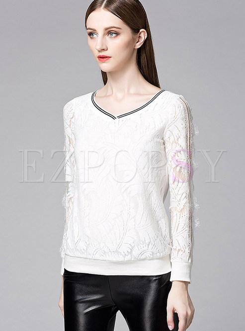 Sexy V-Neck Lace Pure Color T-shirt