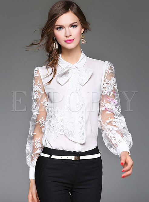 Tops | Blouses | Mesh Lace Embroidery Tied-collar Blouse