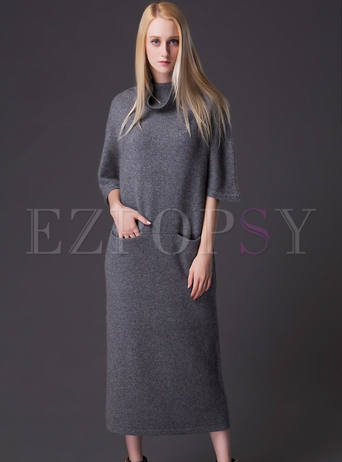 Long Grey Turtle Neck Knitted Loose Dress