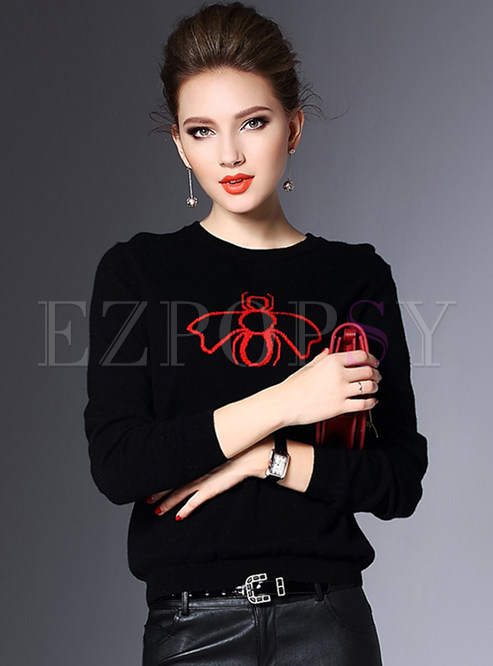 Color-block Embroidery O-neck Sweater