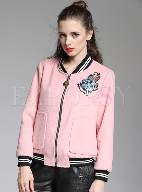 Patch Sweet Zipper Stand Collar Casual Wool Coat