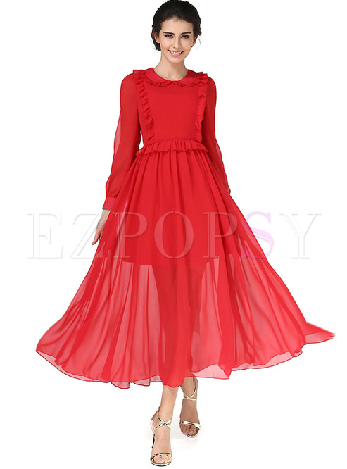 Sexy Red Falbala Big Hem High Waist Maxi Dress