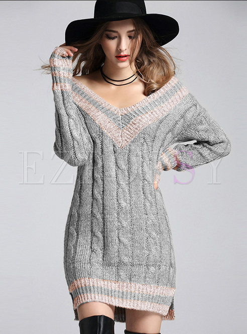 Sexy V-neck Color-blocked Split Knitted Sweater