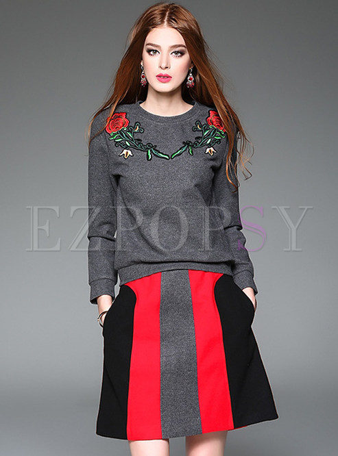 Embroidery Casual Sweater & Striped Hit Color Skirt Outfits