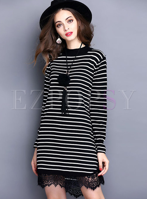 Stand Collar Lace Patch Striped Brief Knit Dress