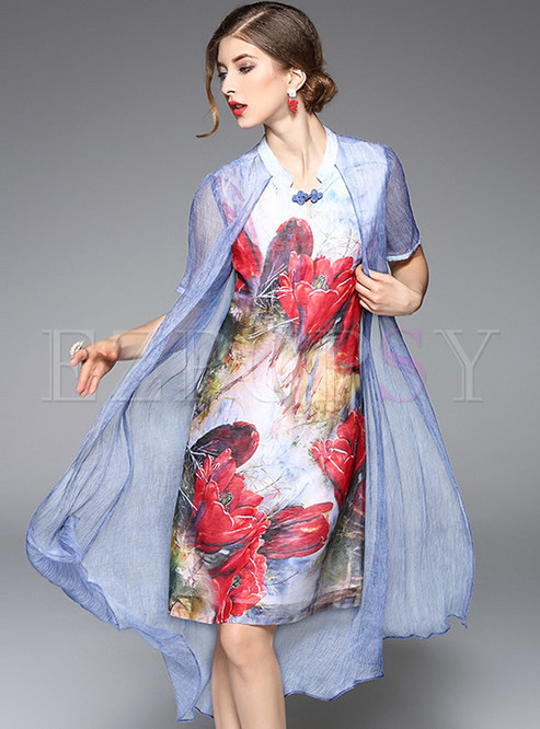 V-Neck Floral Silk Fake Two Piece Short Sleeve Shift Dress