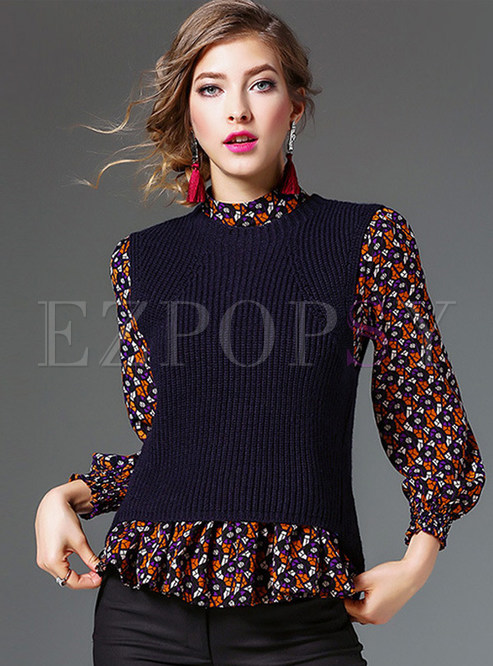 Pullover Floral Fake Two Piece Brief Blouse