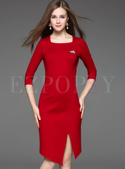 Brief Elegant Asymmetrical Slit Bodycon Dress