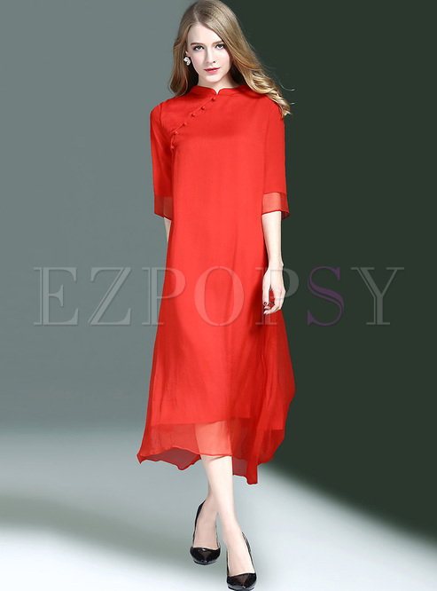 Dresses | Shift Dresses | Red Brief Silk Improved Cheongsam Loose Dress