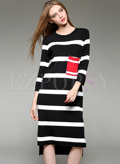 Brief Monochrome Color-matched Patch Knitted Dress