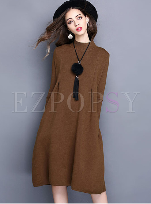 Loose Pleat Pure Color O-neck Knitted Dress