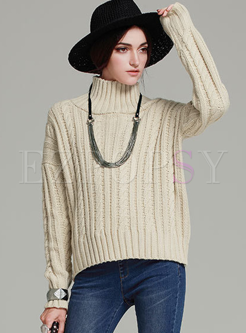 Long Pleat High Neck Brown Knitted Sweater