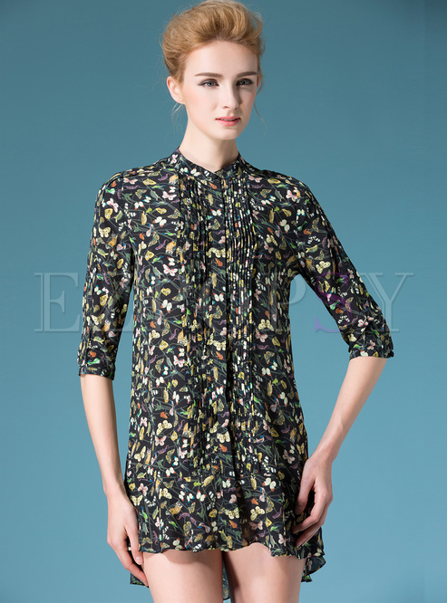 Long Single-breasted Flower Print Blouse