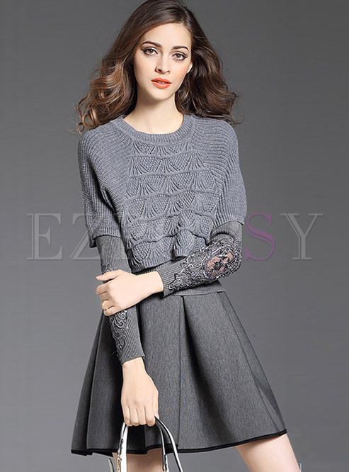 Casual O-neck Sweater & Pleat Cotton A-line Skirt Suits