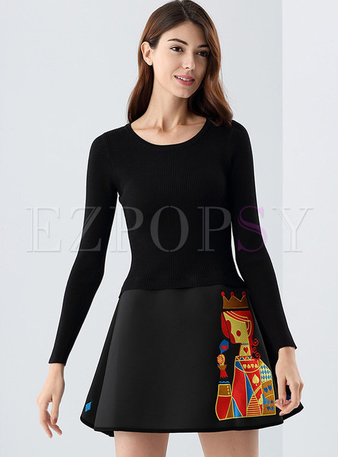 Brief High Waist Embroidery Knitted Dress 