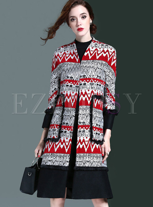 Ethnic Oversize Geometric Patterns Wool Coat