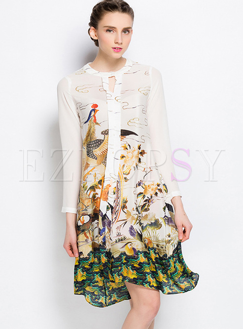 Retro Floral Print Silk Straight Dress
