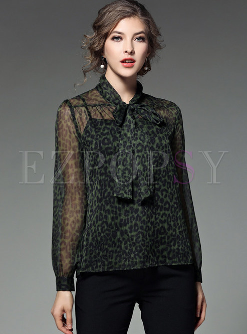 Bowknot Leopard Voile Stylish T-shirt