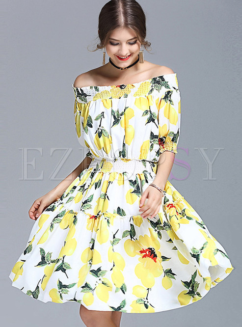 tie collar elastic waist printed skater dress