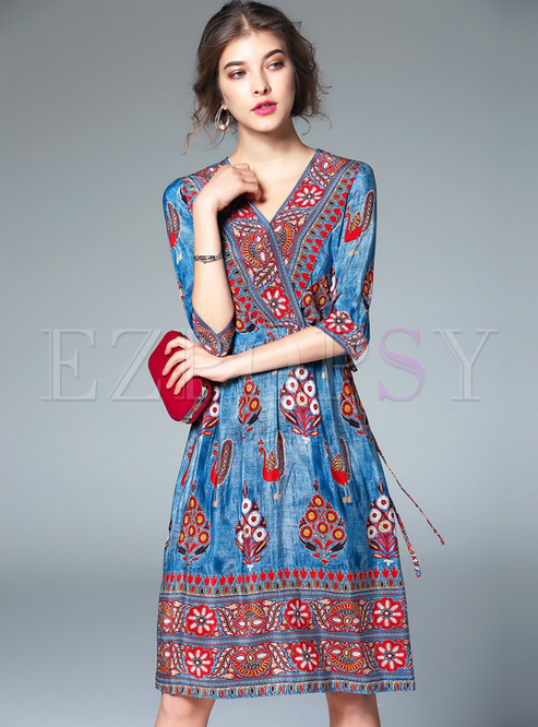 Dresses | Skater Dresses | Ethnic Half Sleeve V-neck Print Skater Dress