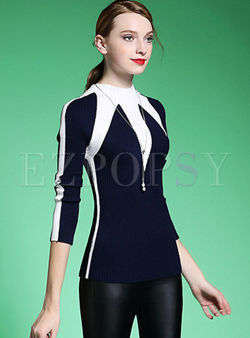 Stand Collar Patch Slim Long Sleeve Stylish Sweater