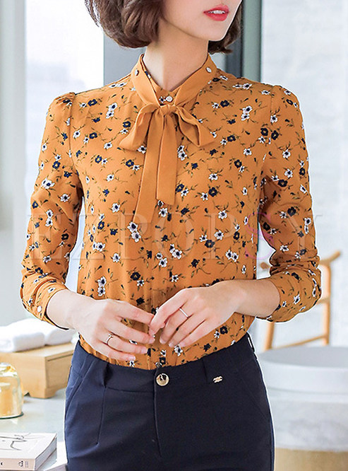 Retro Puff Sleeve Floral Print Bowknot Blouse