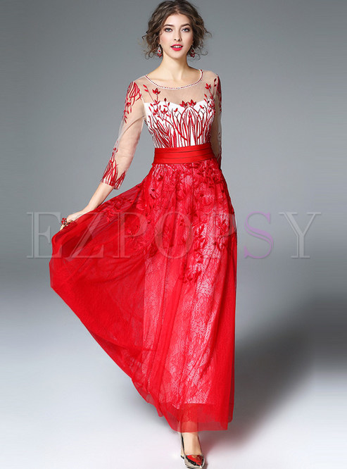 Elegant Mesh Patch Embroidery 3/4 Sleeve Maxi Dress