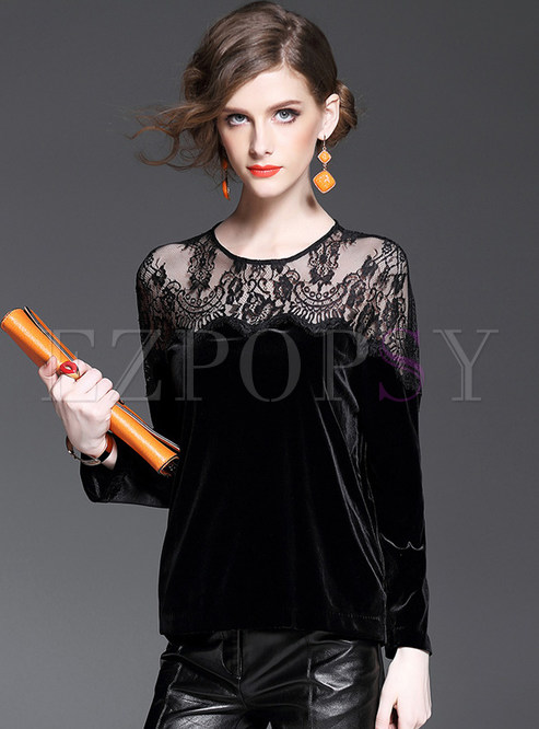 Sexy Lace Patch Velvet One-button T-shirt