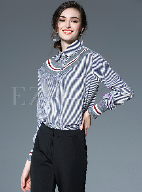 Turn Dwon Collar Patch Striped College Blouse