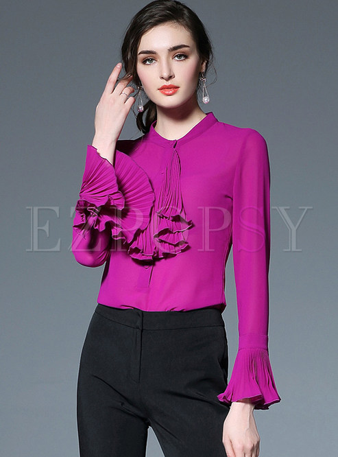 Flare Sleeve Solid Color Stylish Blouse