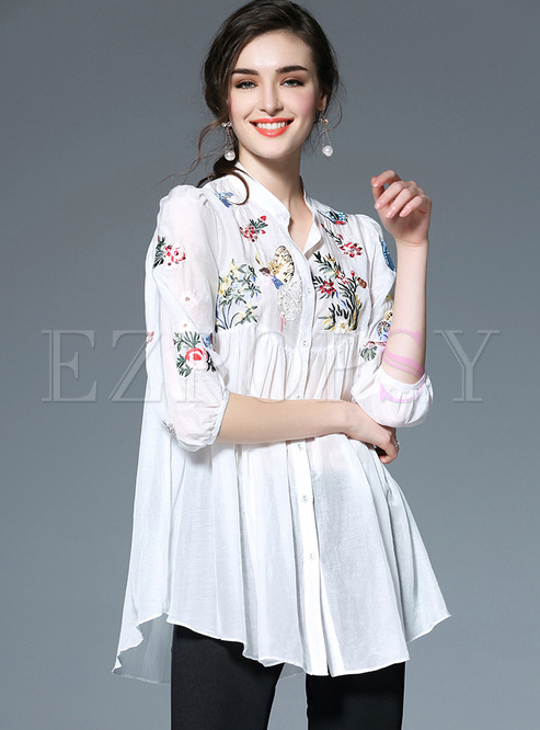 Tops | Blouses | Ethnic Embroidery Lantern Sleeve Loose Blouse