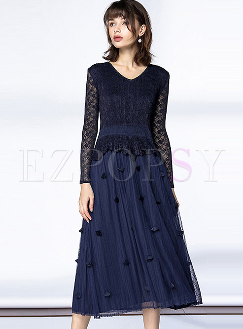 Elegant Lace Patch Hollow Out Long Dress