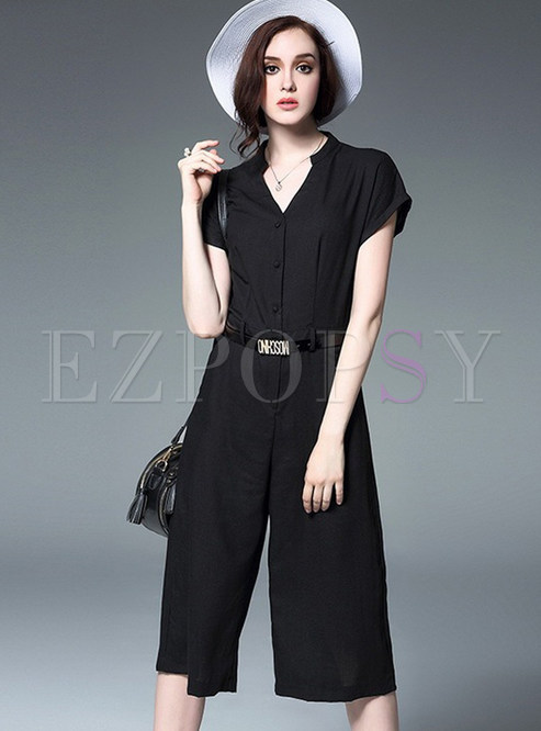 Chic V-neck Short Sleeve Calf-length Jumpsuits With Belt