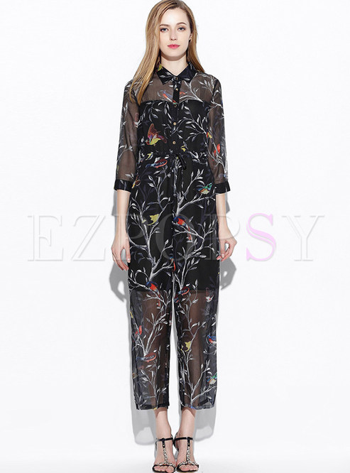 Sexy Nipped Waist See-through Print Jumpsuits