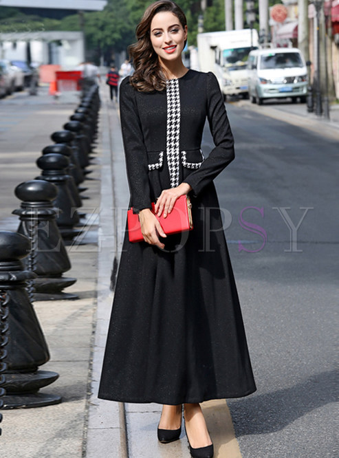 Patch Black A-Line Slim Pleated Elegant Maxi Dress