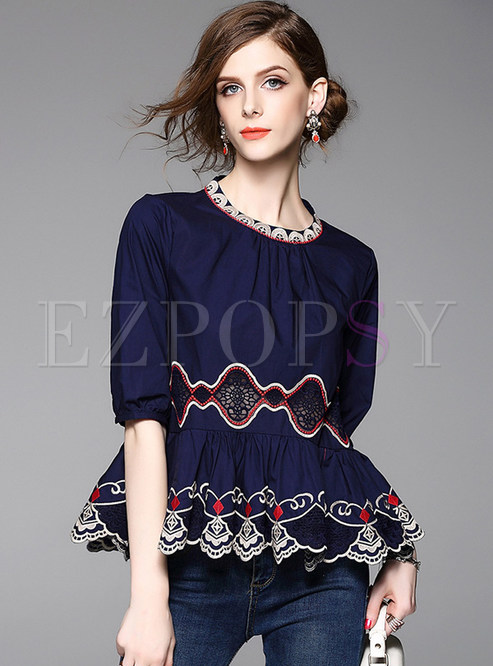 O-Neck Three Quarters Sleeve Embroidery Top