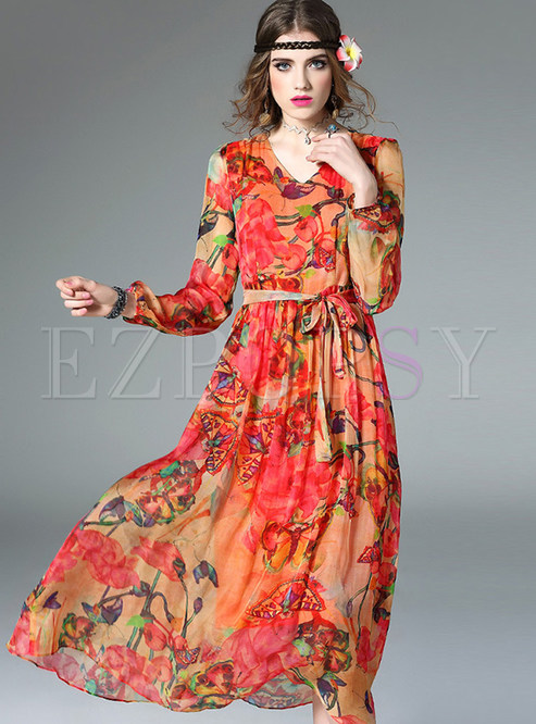 Dresses | Maxi Dresses | Bohemian V-neck Print High Waist Maxi Dress