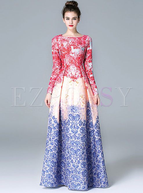 Fashionbale Print Jacquard Big Hem Maxi Dress