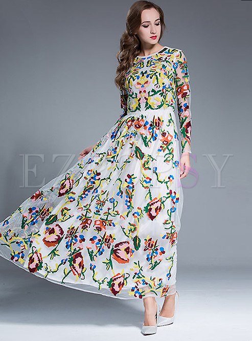 Elegant Mesh Patch Waist Embroidery Maxi Dress