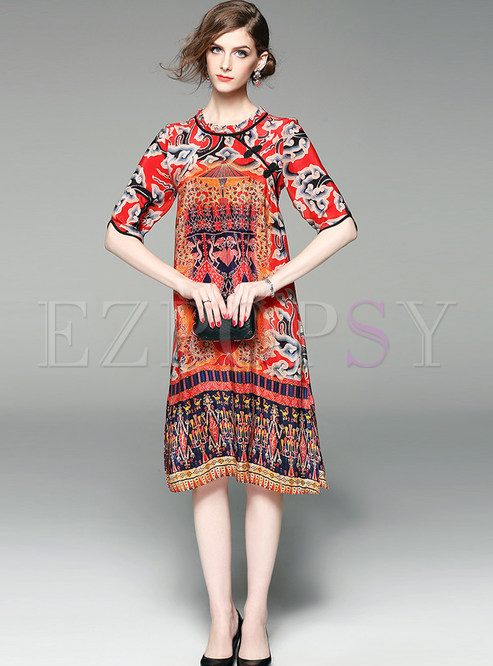 Dresses | Shift Dresses | Ethnic Print O-neck Loose Shift Dress