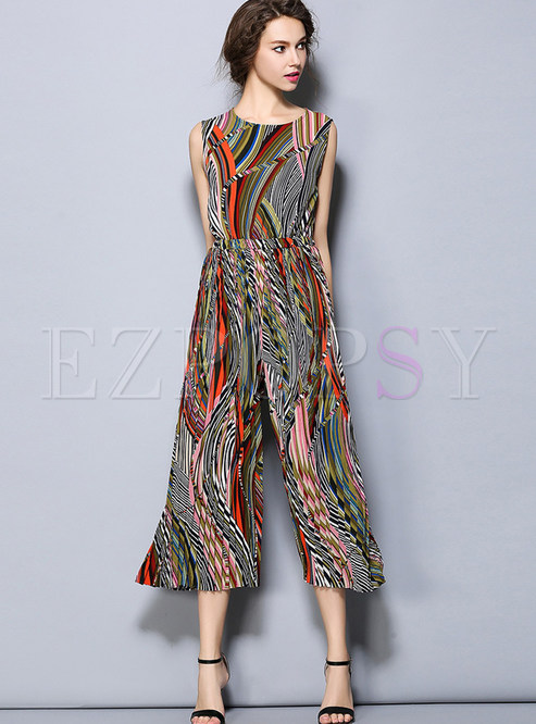 Ethnic Chiffon Stripe Print Jumpsuit