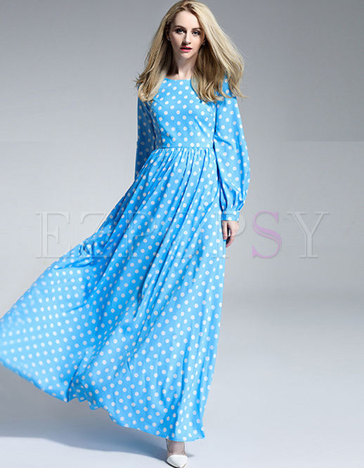 Chic Dot Print Lantern Sleeve Maxi Dress