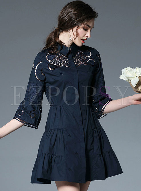 Stylish High Waist Half Sleeve Embroidery Hollow Skater Dress