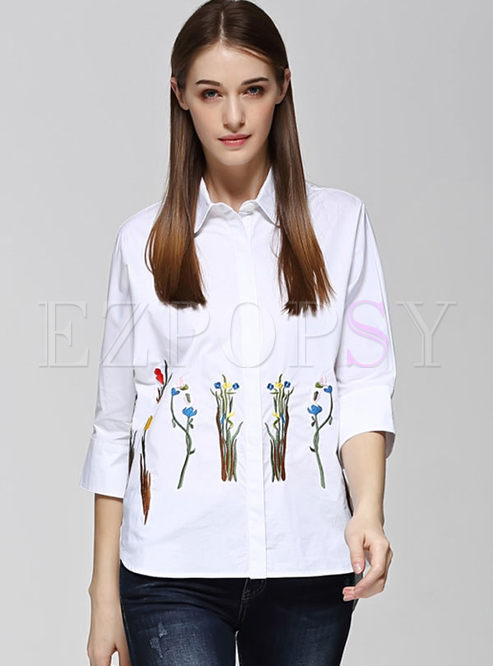 Oversize Loose 3/4 Sleeve Embroidery Blouse