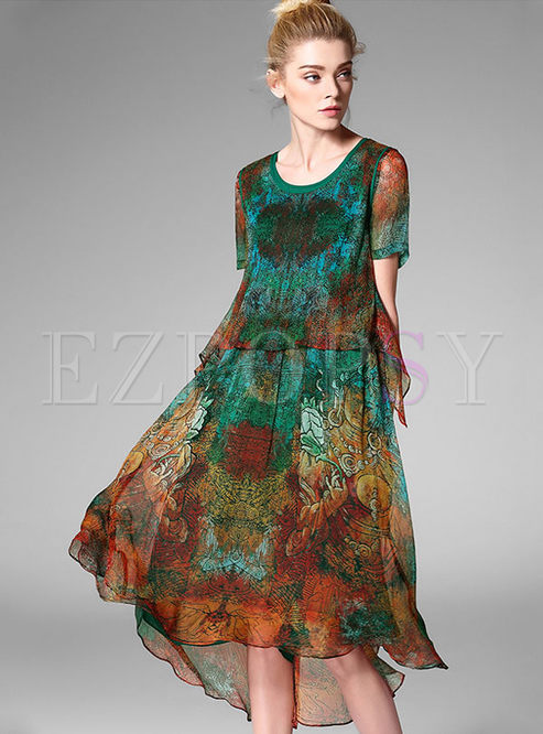 Dresses | Shift Dresses | Loose Asymmetric Short Sleeve Print Silk ...
