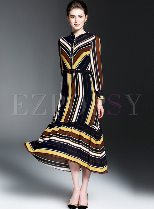 Vintage Stripe High Waist Asymmetrical Maxi Dress