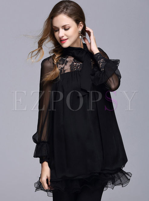 Sweet Loose Puff Sleeve Lace Patchwork Chiffon Blouse