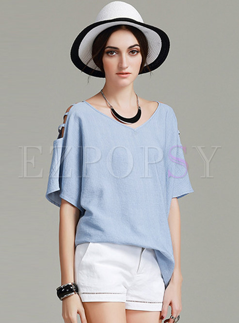 Casual V-Neck Loose Asymmetric Solid Color T-Shirt