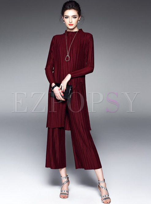 Casual Wine Red Split Loose Two-piece Outfits