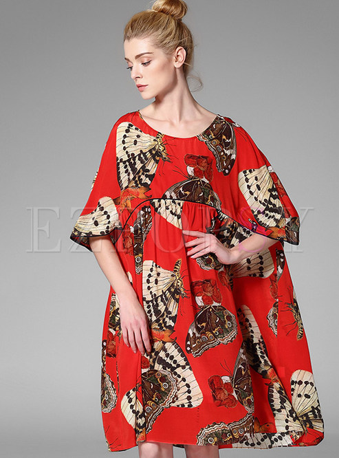 Casual Print Half Sleeve Plus Size Silk Shift Dress
